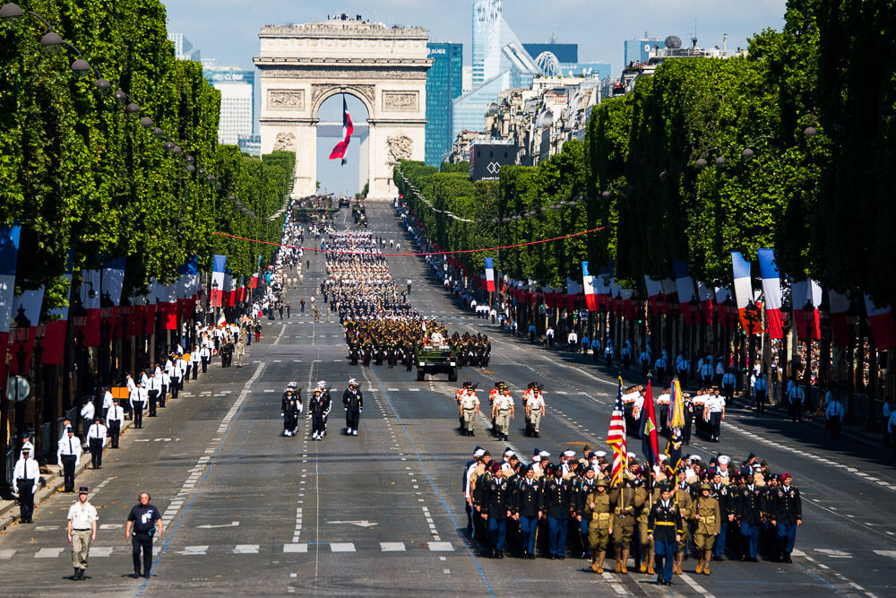 Bastille Day Parade in Paris on the Boulevard de Champs-Élysées coming from Arc de Triomphe