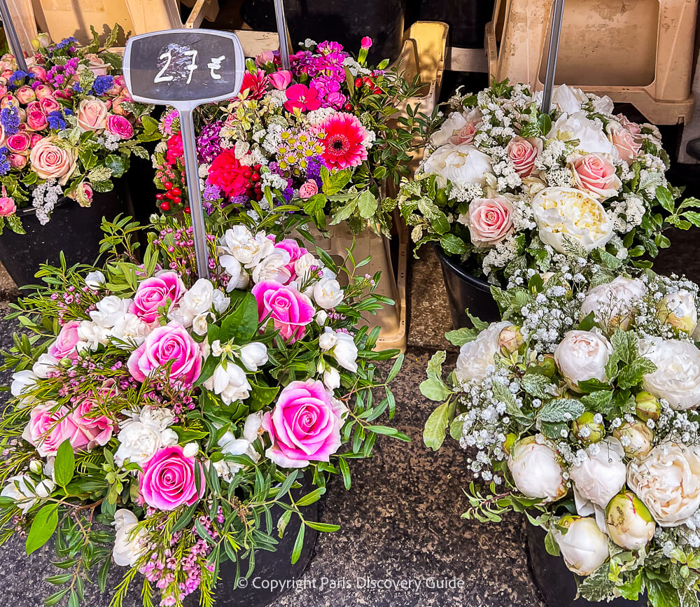 Roses and peonies outside a Paris florist
