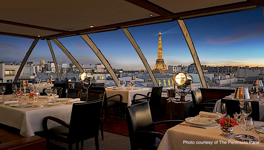 View of the Eiffel Tower from the Peninsula Paris's rooftop restaurant