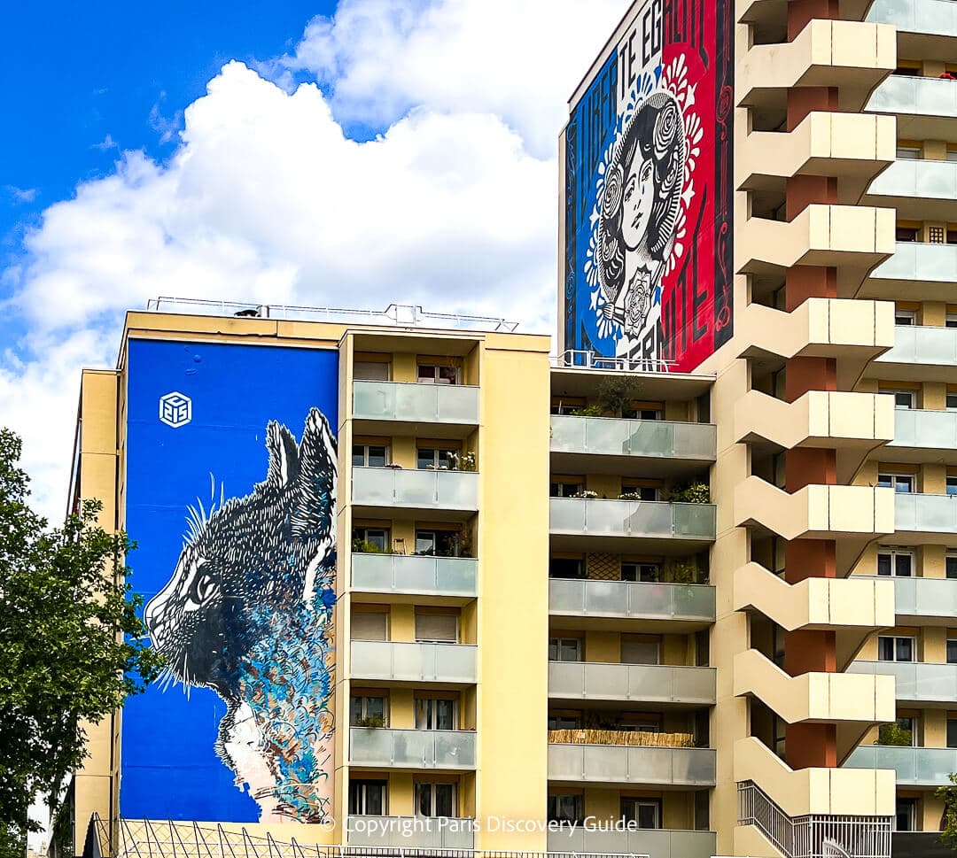 La Chat (The Cat) by C215 and Liberté, Egalité, et Fraternité by Shepard Fairey in the 13th Arrondissement