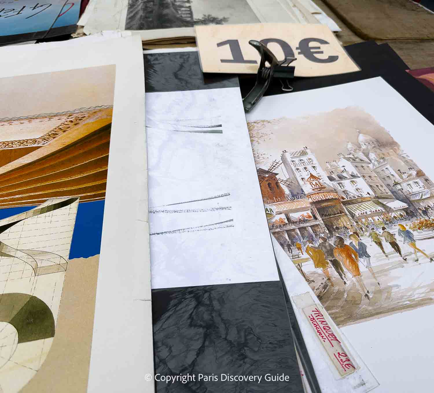 Prices for vintage and modern prints at this table in the Aligre Market ranged from about 10€ - 30€