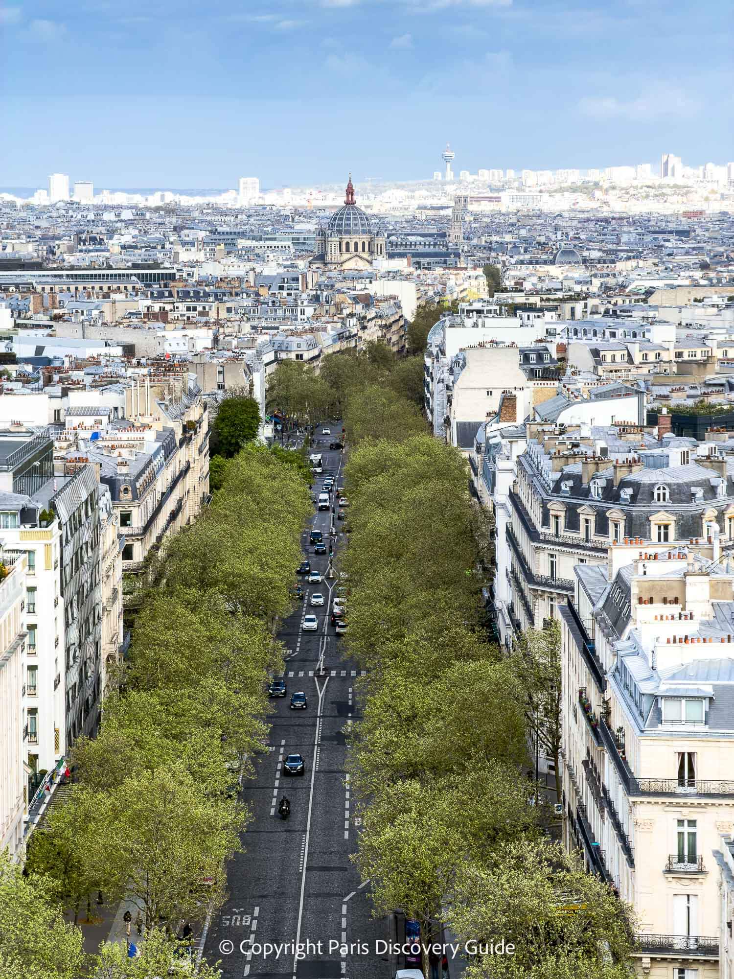 Eastern view from the Arc's rooftop terrace of Avenue de Friedland and Eglise Saint-Augustin church