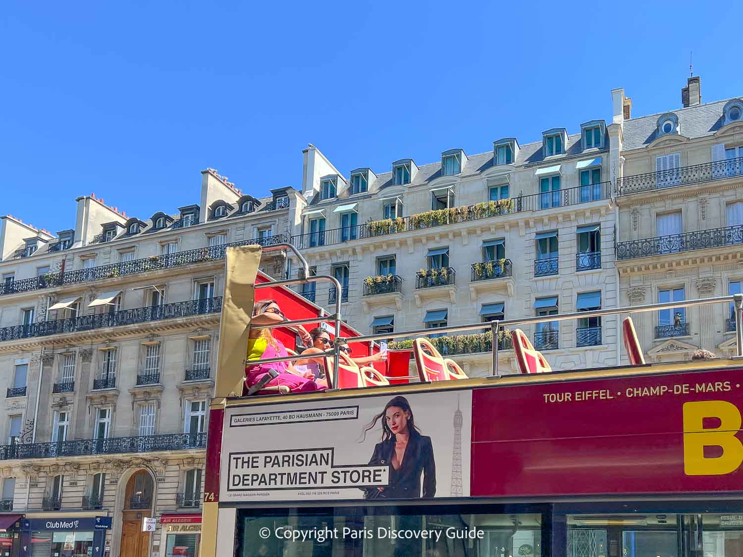 Seats on Big Bus, shown here on Rue de l'Opera