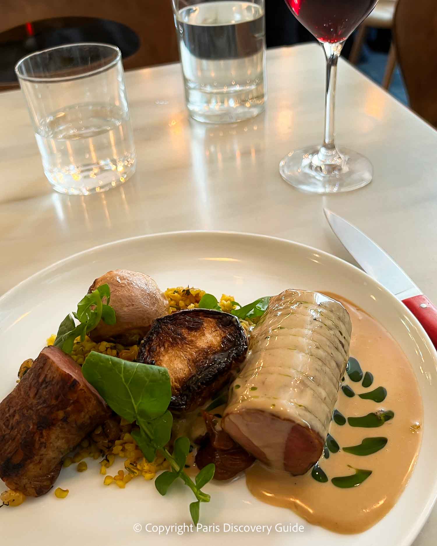 Lunch at Caillebotte:  Smoked pork roulade with seasonal veggies