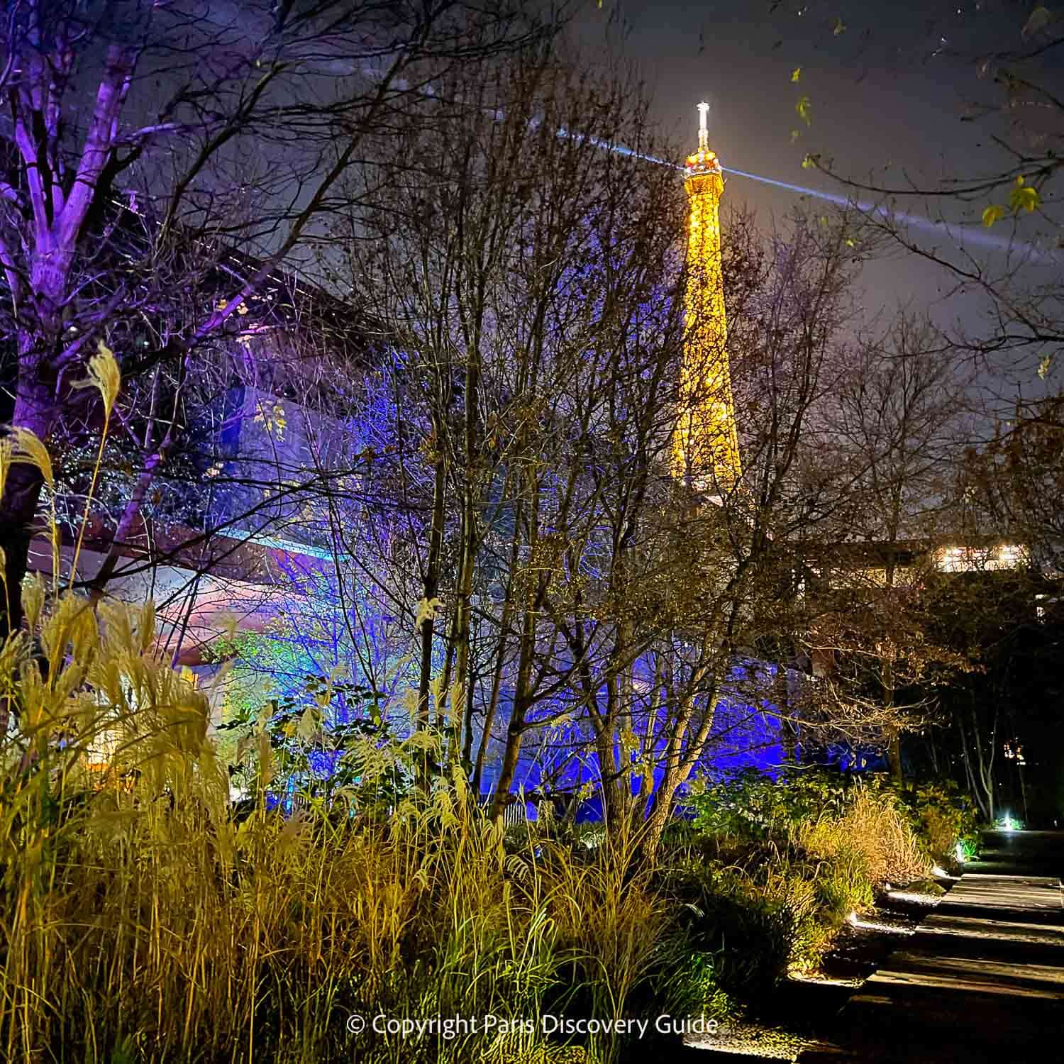 View of the Eiffel Tower from Musée du Quai Branly's garden
