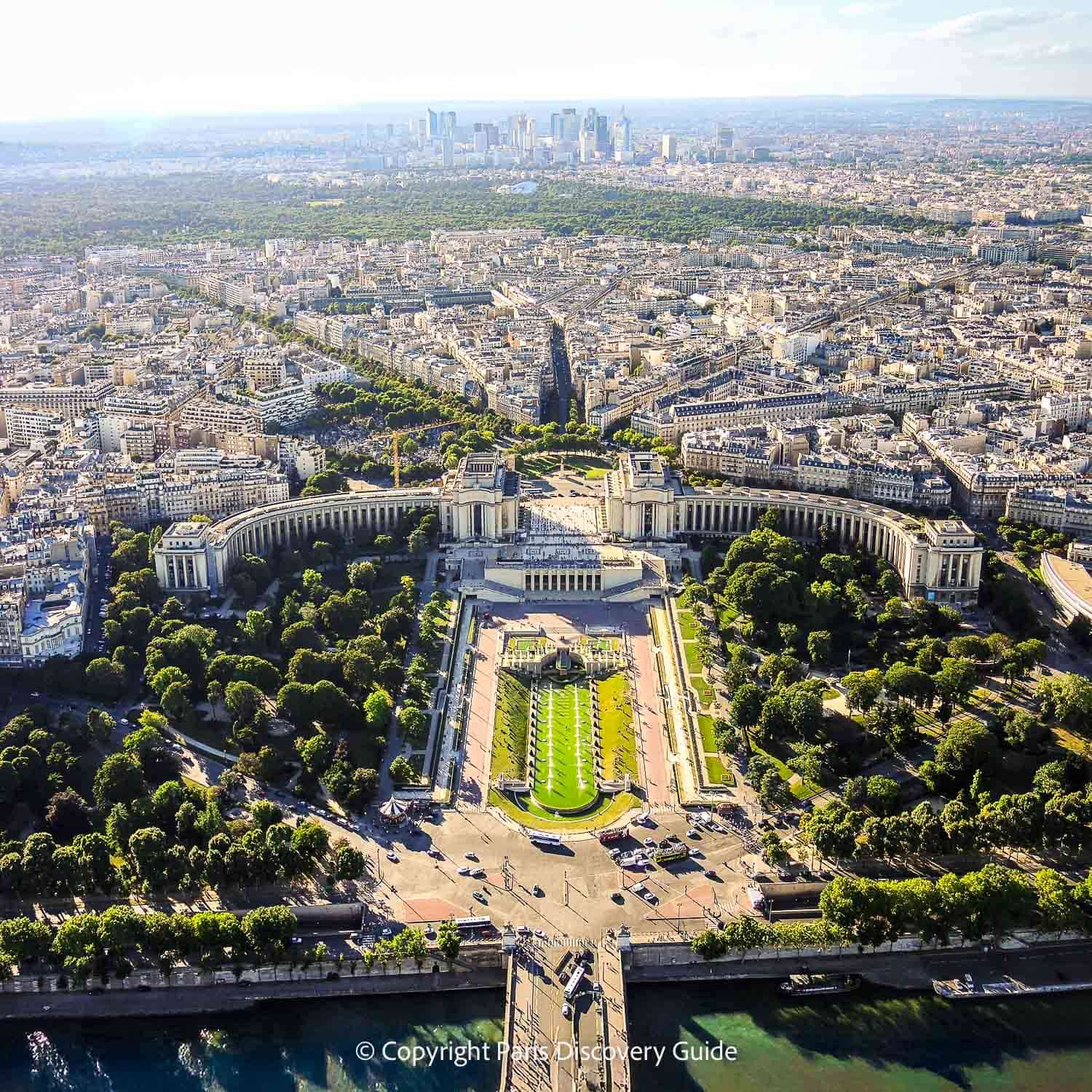 View from the Eiffel Tower's 3rd Level:  Seine River, Trocadero/Palais de Chaillot/16th arrondissement, Bois de Boulogne, & La Defense View from the Eiffel Tower's 3rd Level:  Seine River, Trocadero/Palais de Chaillot/16th arrondissement, Bois de Boulogne, & La Defense