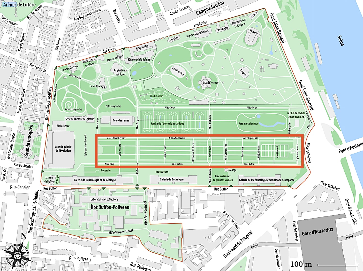 Map showing the Jardin des Plantes, with the Formal Garden outlined bold red; map credit: OpenStreetMap, cc by-sa 4.0 