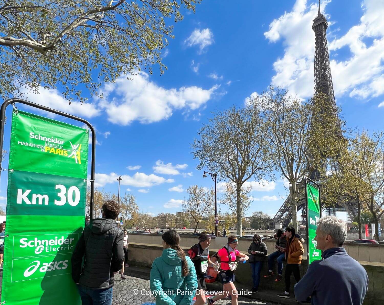 The Eiffel Tower across the Seine River from the Km 30 sign