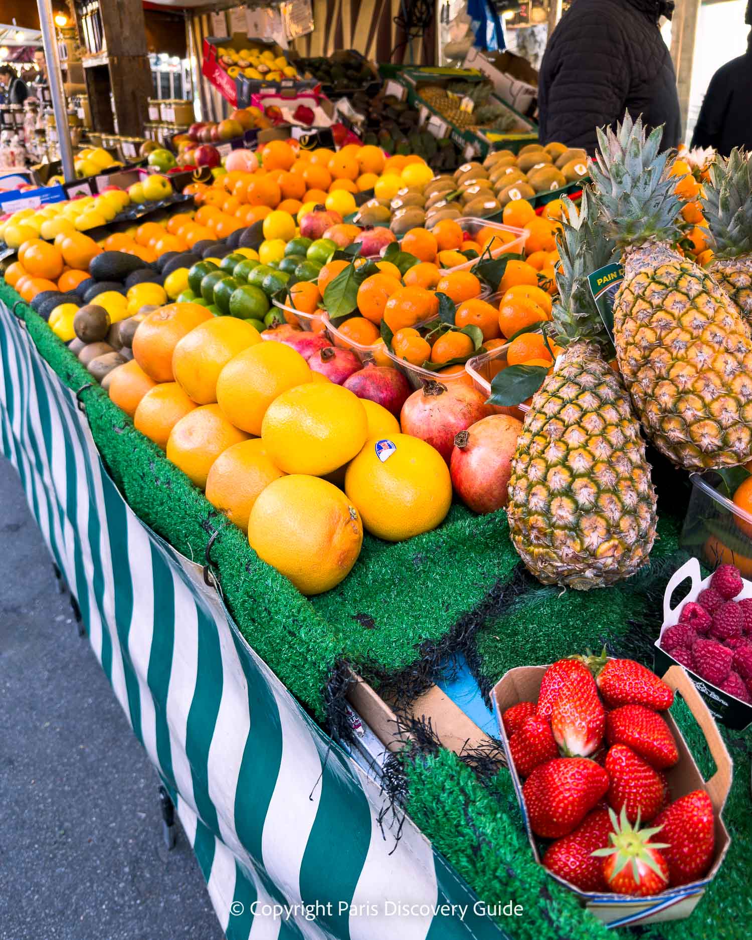 Produce and early spring strawberries at Marché Maubert in Paris's Latin Quarter