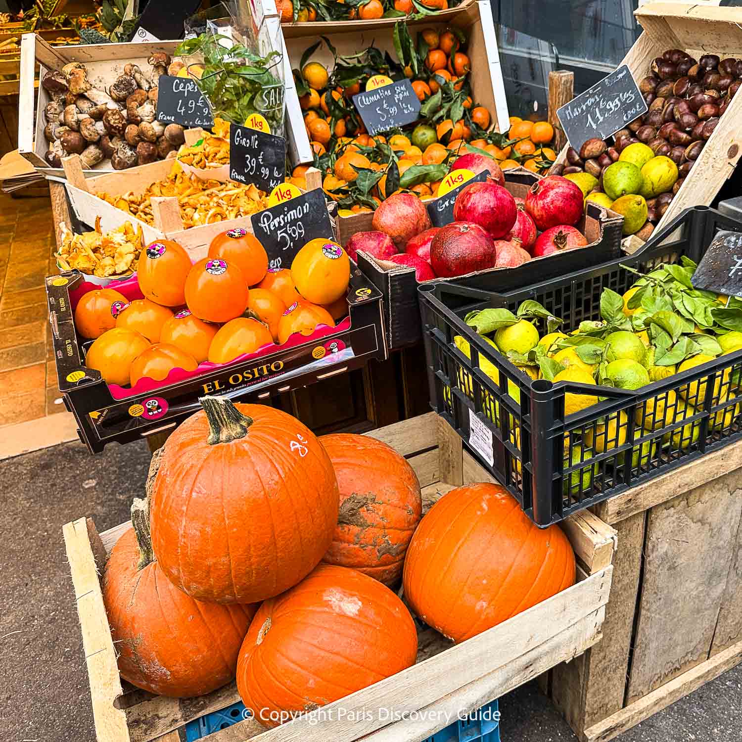 Fall produce displayed on Montmartre's Rue des Abbesses market street