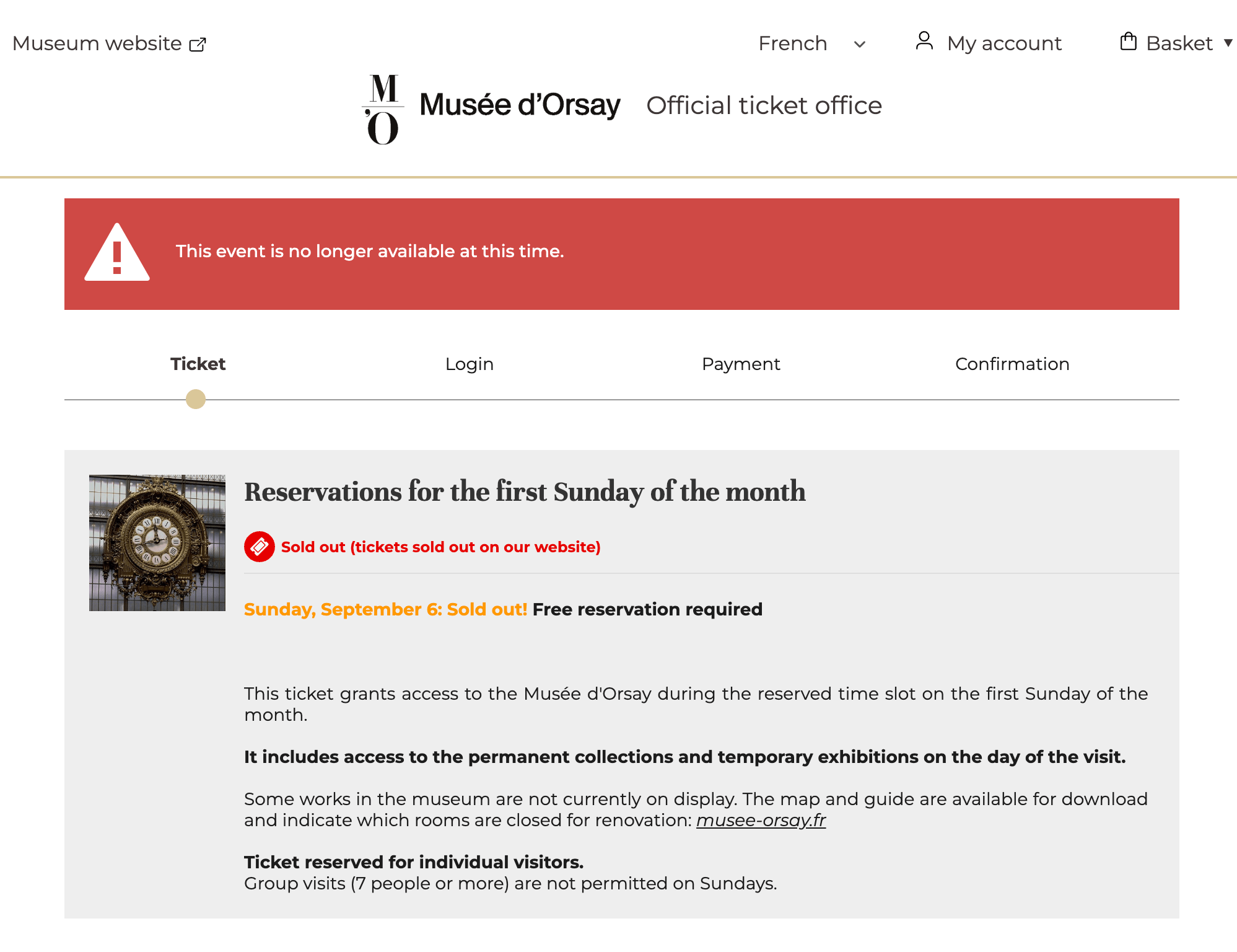 Musée d'Orsay's message stating that reservations for the first Sunday of next month are full