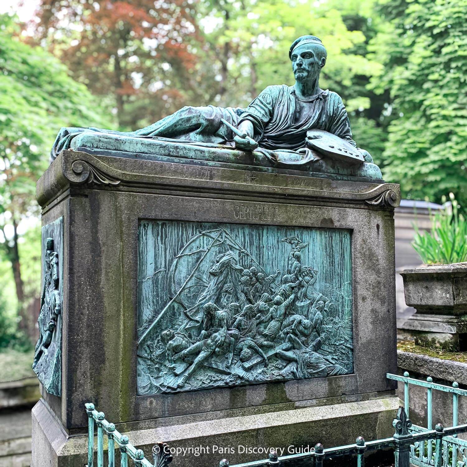 Sculpture of French painter Theodore Géricault on top of his tomb