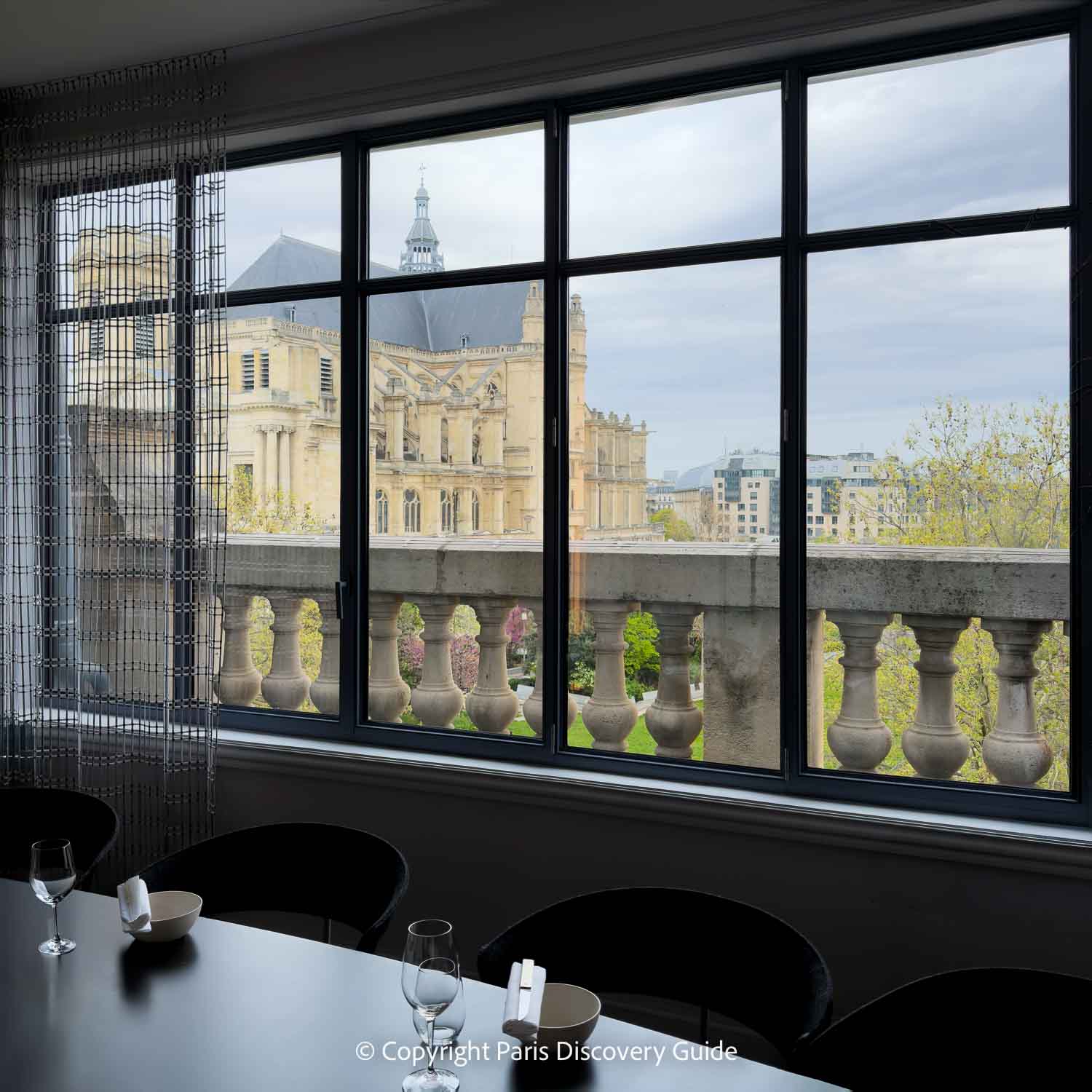 View of Eglise Saint-Eustache church from the 3rd floor restaurant at the Pinault Collection