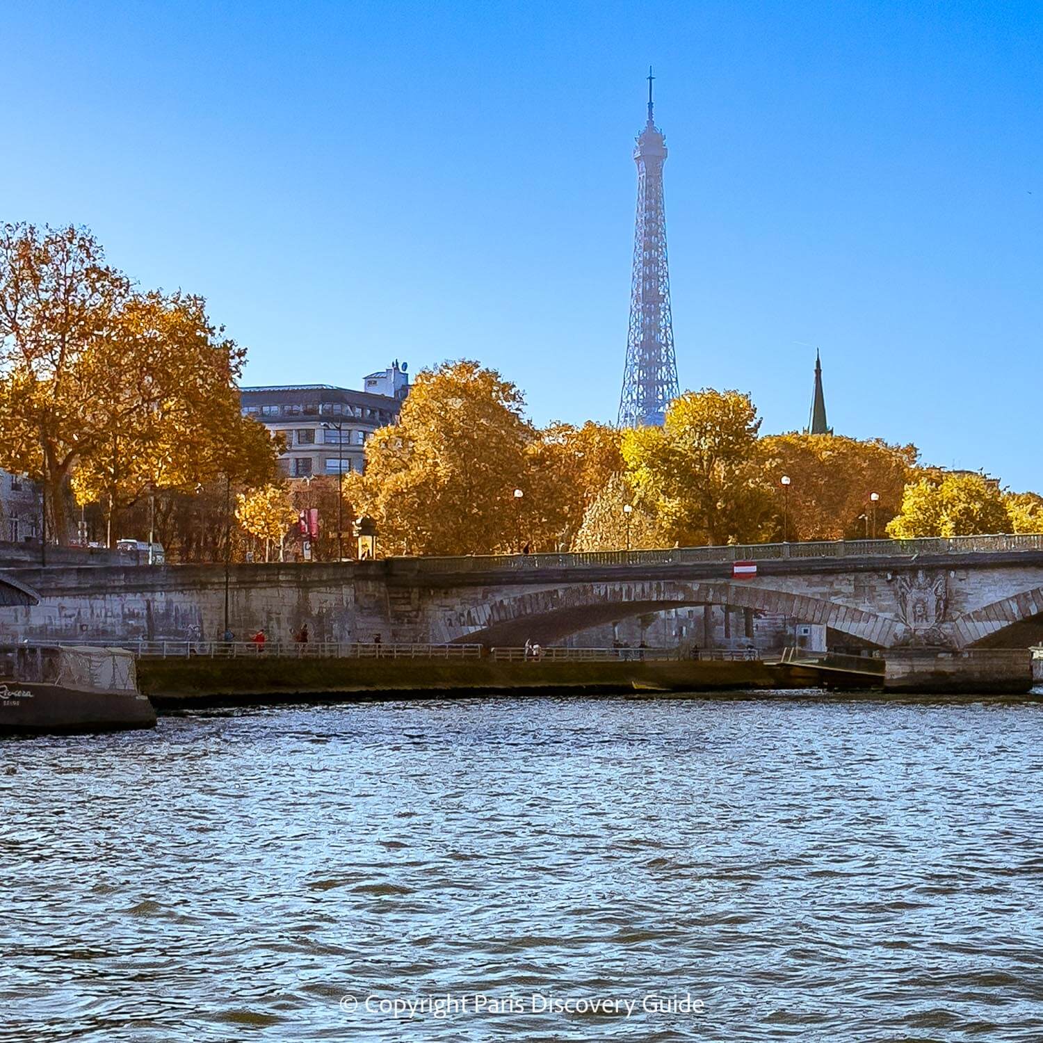 Paris skyline with the Eiffel Tower photographed during a Seine River cruise