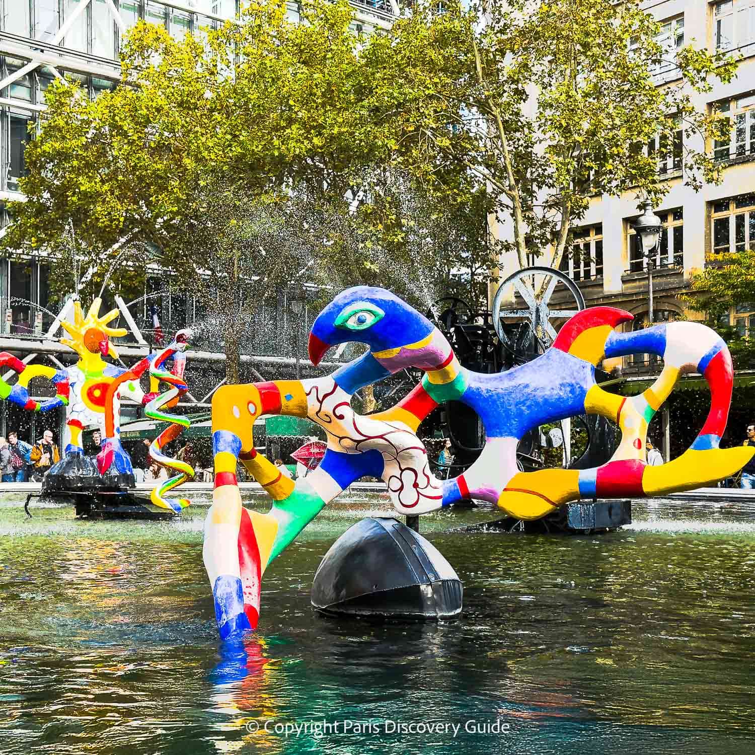The 16 sculptures in the Stravinsky fountain designed by jean Tinguely and Niki de Saint Phalle represent themes the composer's musical compositions The 16 sculptures in the Stravinsky fountain designed by jean Tinguely and Niki de Saint Phalle represent themes the composer's musical compositions