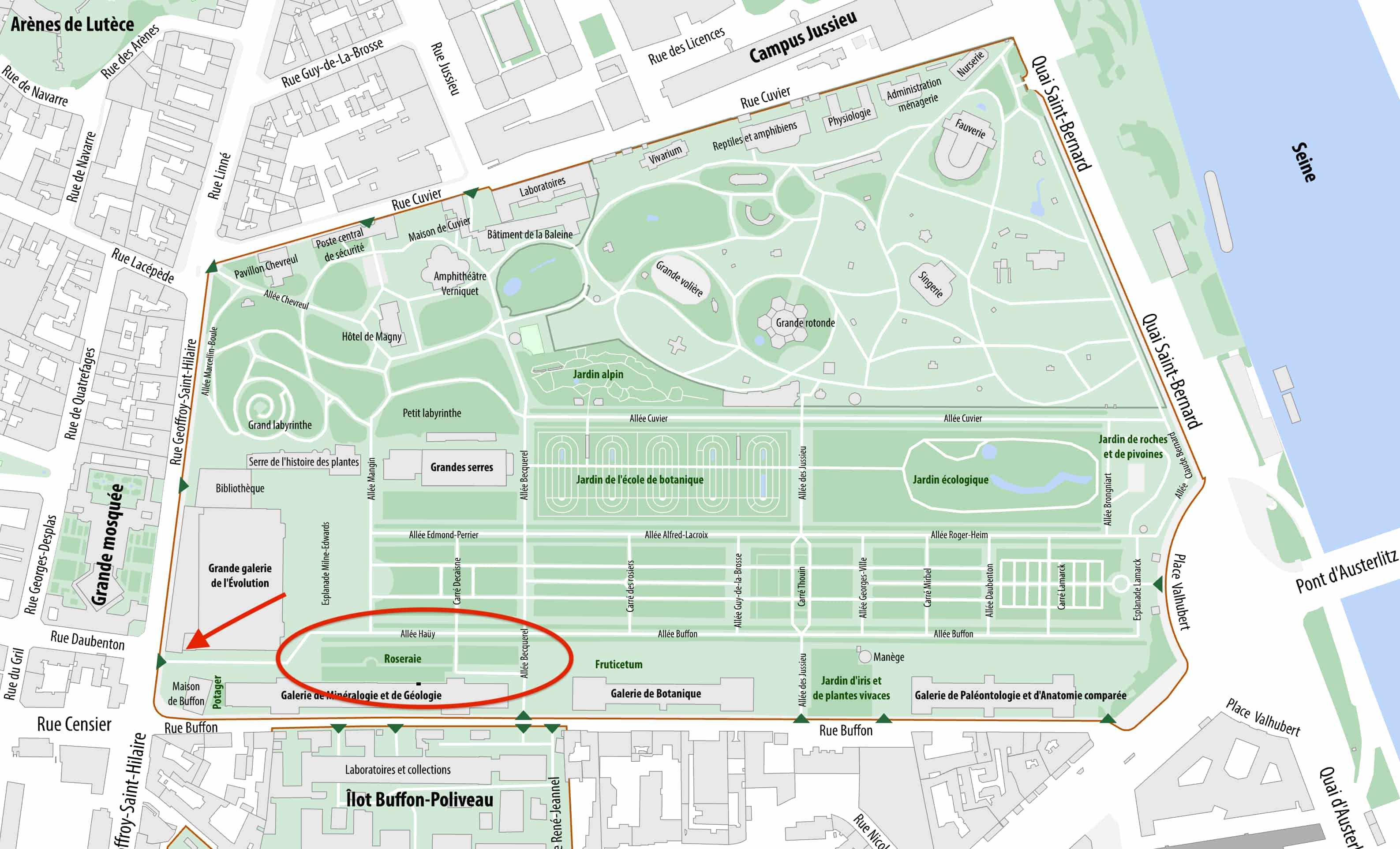Map showing the Roserie (red circle) and the closest entrance (red arrow) at Jardin des Plantes; map credit: OpenStreetMap, cc by-sa 4.0; arrow and circle added by me Map showing the Roserie (red circle) and the closest entrance (red arrow) at Jardin des Plantes; map credit: OpenStreetMap, cc by-sa 4.0; arrow and circle added by me