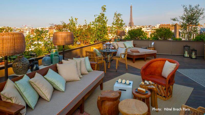 Terrace view of the Eiffel Tower from Hotel Brach Paris