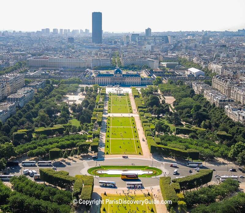 View of Champ de Mars and Ecole Militaire (the building at the end) from the 2nd level of the Eiffel Tower