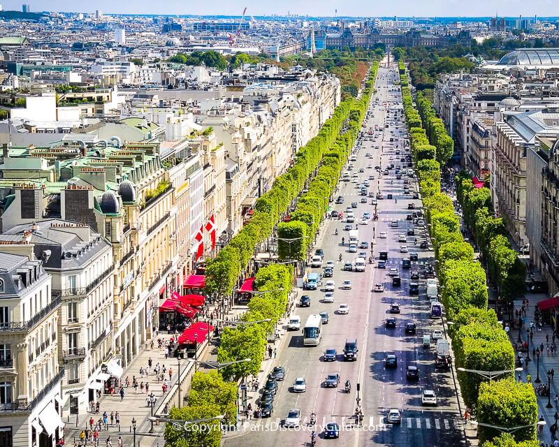 Champs Elysees:  Look for the Egyptian Obelisk at Place de la Concorde, Tuileries Garden, and the Louvre at the end, and on the right, a bit of Grand Palais' glass roof