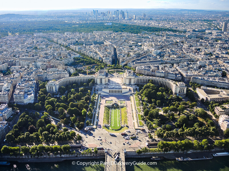 View from the Eiffel Tower's 3rd Level:  Seine River, Trocadero/Palais de Chaillot/16th arrondissement, Bois de Boulogne, & La Defense