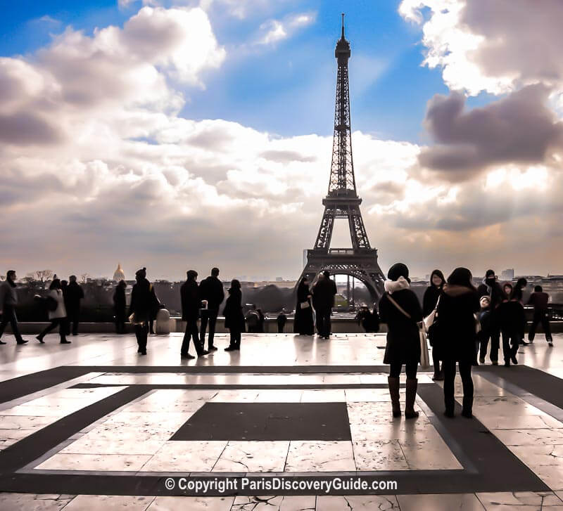 The Eiffel Tower viewed from Trocadero on a cold (and soon to be stormy) March afternoon