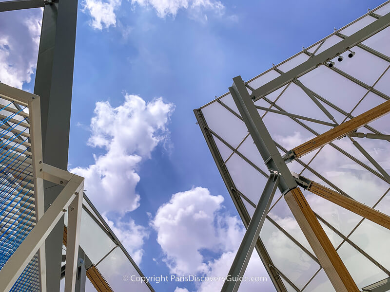 Looking up from a rooftop terrace at Fondation Louis Vuitton Looking up from a rooftop terrace at Fondation Louis Vuitton