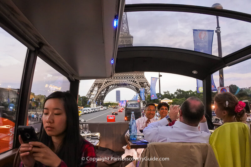 View of the Eiffel Tower on the Bustronome gourmet dinner tour of Paris