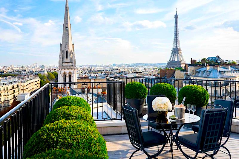 Four Seasons George V guestroom balcony with views of the American Cathedral and Eiffel Tower