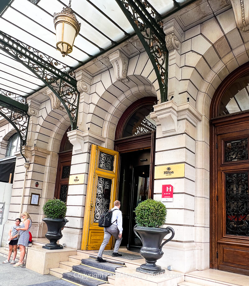 Entrance to Hilton Paris Opera hotel across from Gare Saint-Lazare