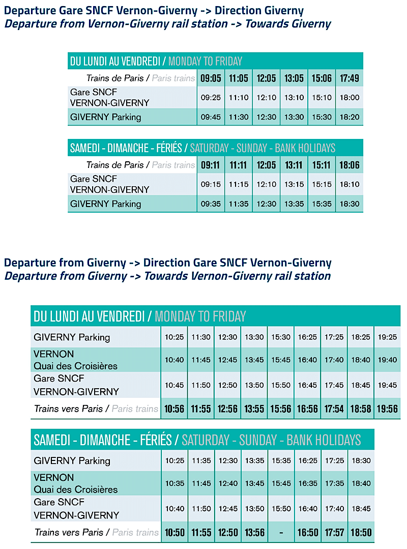 Giverny shuttle weekday and weekend/holiday schedules