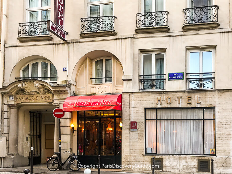 Entrance to Passage Sainte-Anne on Rue Sainte-Anne, next to Hotel Baudelaire