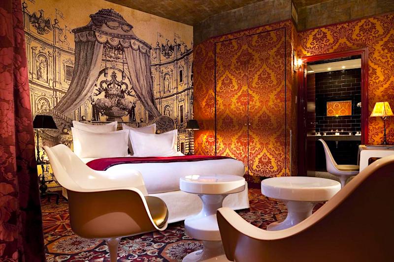Guest room at Hotel du Petit Moulin in the Upper Marais Guest room at Hotel du Petit Moulin in the Upper Marais