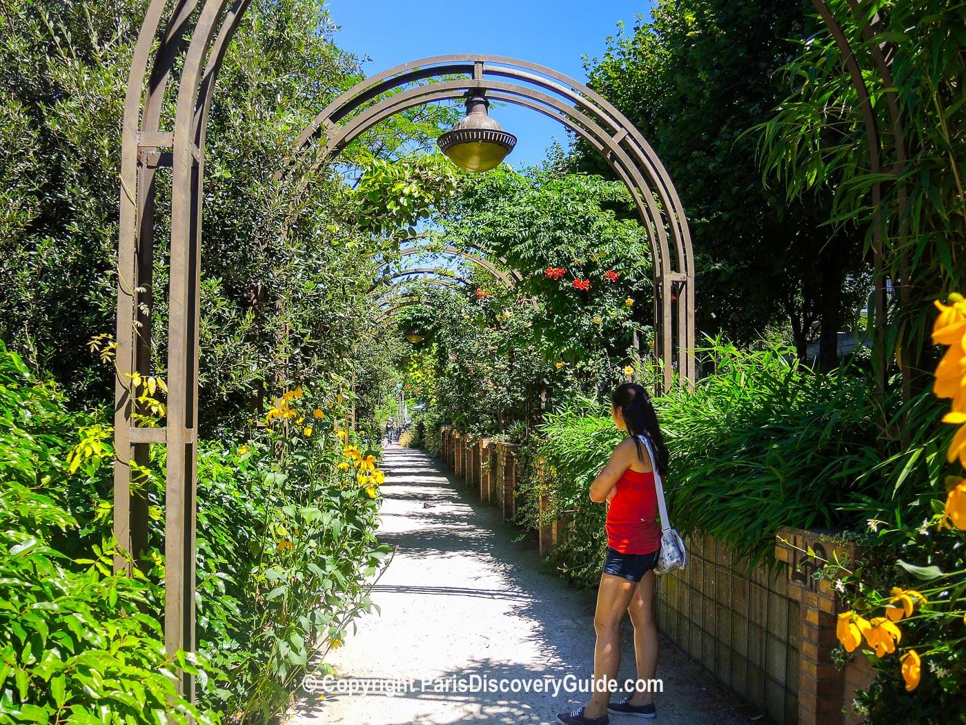 Flowers in bloom along the path through Jardin du Port de l'Arsenal near SO/ Paris Hotel