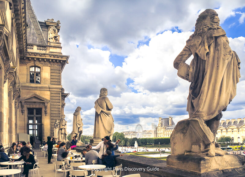 View of the opposite wing of the Louvre and Tuileries Garden from Cafe Mollien's Louvre-side terrace