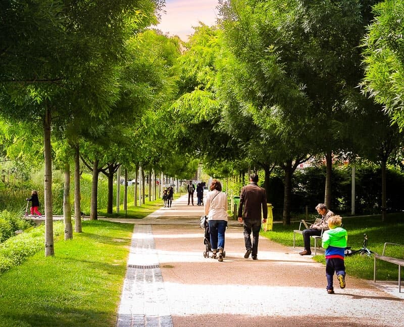 A shady path in the Clichy-Batignolles Martin Luther King Park across from TRIBE Paris Batignolles