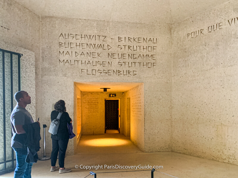 Names of the Nazi death camps on the wall of Memorial des Martyrs de la Deportation