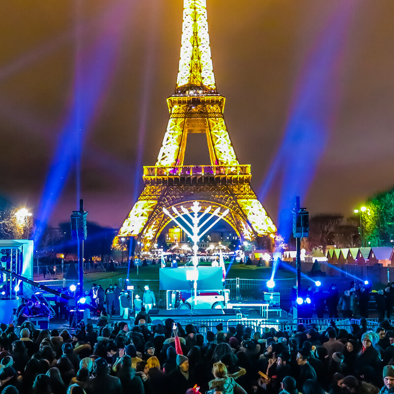 Close-up of the menorah at the Eiffel Tower 
Courtesy of Chabad Lubavitch - Photo credit: Thierry Guez / Chabad.org 