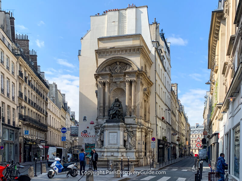 Moliere Fountain where Rue Moliere and Rue de Richelieu merge together in Paris's 1st arrondissement