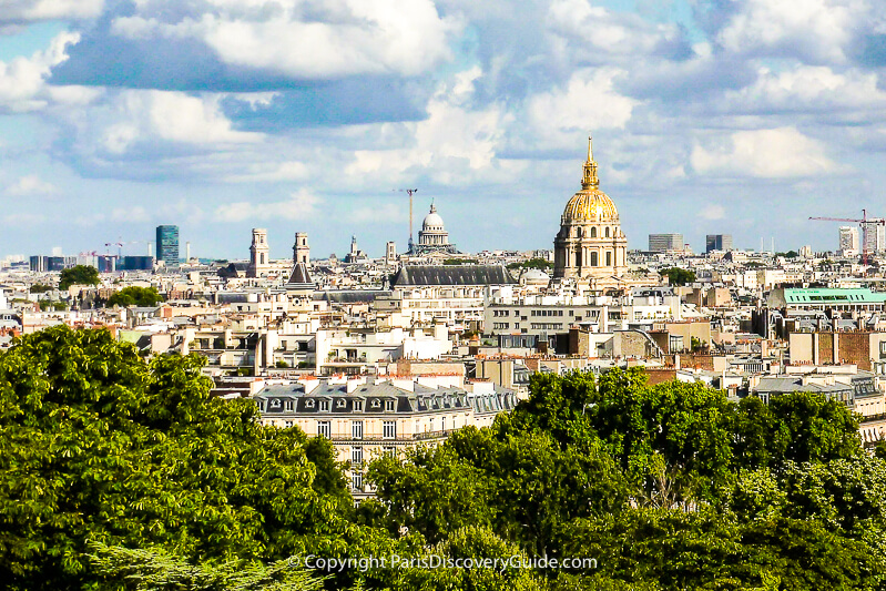 More Musée Cité de l'Architecture skyline views (from right to left) the golden dome of Invalides, the Pantheon, Saint-Sulpice towers, and a high-rise building on the Sorbonne's Latin Quarter campus