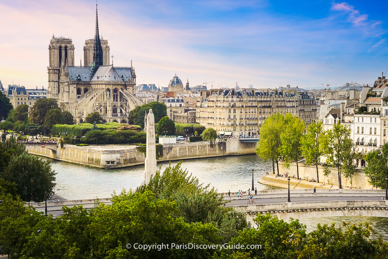 Skyline view of Notre Dame and its flying buttresses, spire, and towers before the 2019 fire