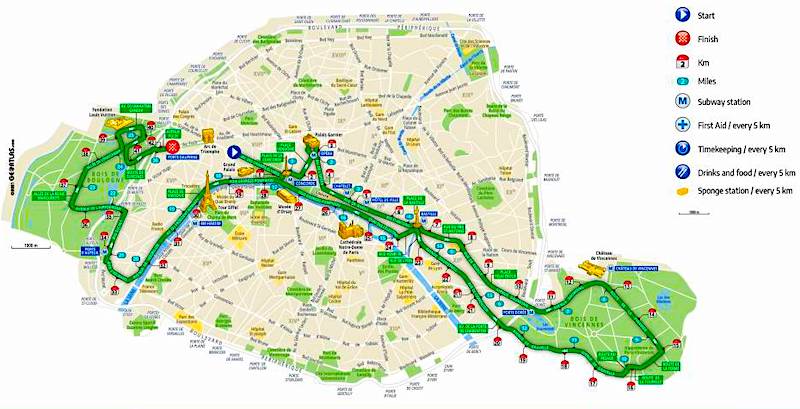 Paris Marathon race course, with markers showing miles and kilometer