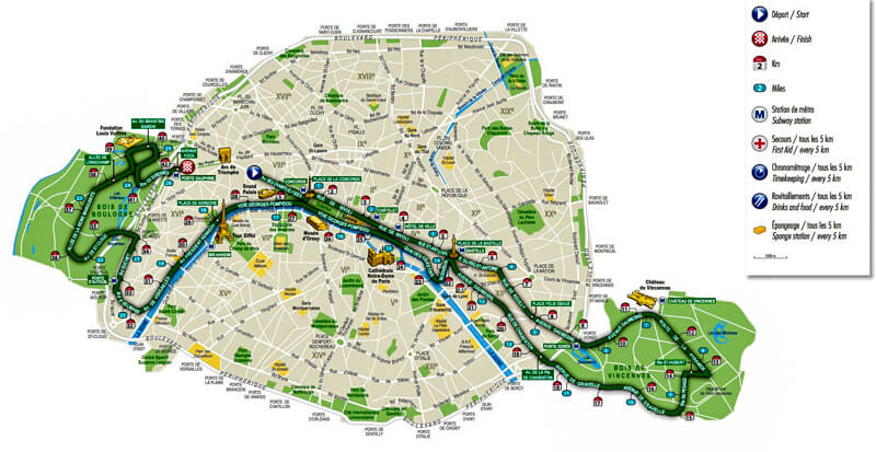 Paris Marathon race course, with markers showing miles and kilometer Paris Marathon race course, with markers showing miles and kilometer