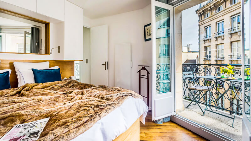 Bedroom at La Libellule apartment in the Latin Quarter in Paris  