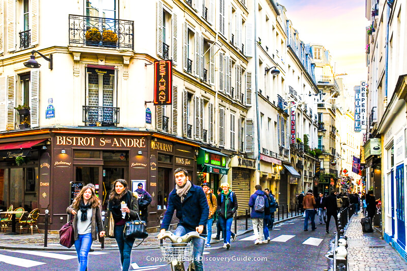 Rue Saint-Andre-des-Arts in Paris's Saint-Germain neighborhood in February Rue Saint-Andre-des-Arts in Paris's Saint-Germain neighborhood in February