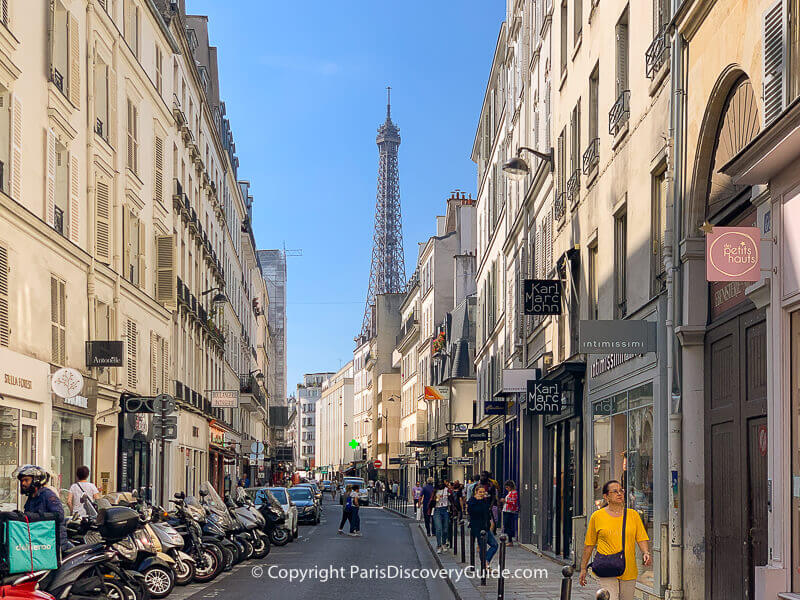 View of the Eiffel Tower on Rue Sainte Dominique in the 7th arrondissement View of the Eiffel Tower on Rue Sainte Dominique in the 7th arrondissement