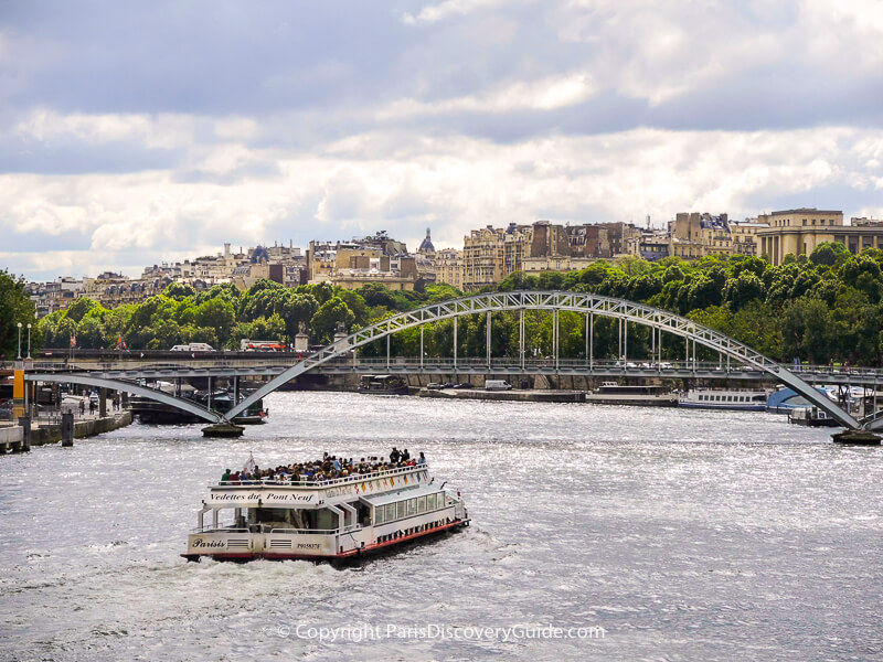 Skyline view of Paris's Right Bank and Passerelle Debilly (footbridge) over the Seine River