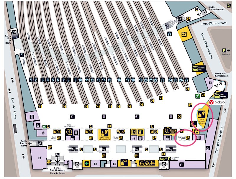 Departure Concourse at Gare Saint-Lazare with Grandes Lignes ticket machines circled in red