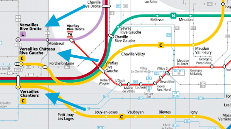 Map showing the three train station location in Versailles, France