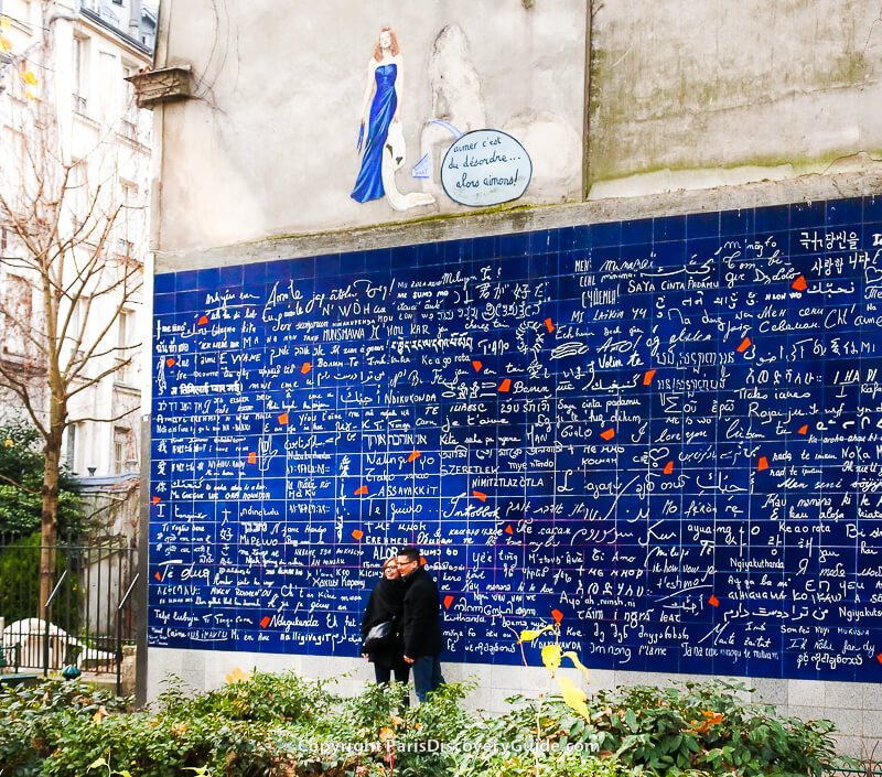 Rooftop restaurant view at the Peninsula Paris Wall of Love, with 'I love you' written 311 times in 250 languages on Rue des Abbesses in Montmartre in February