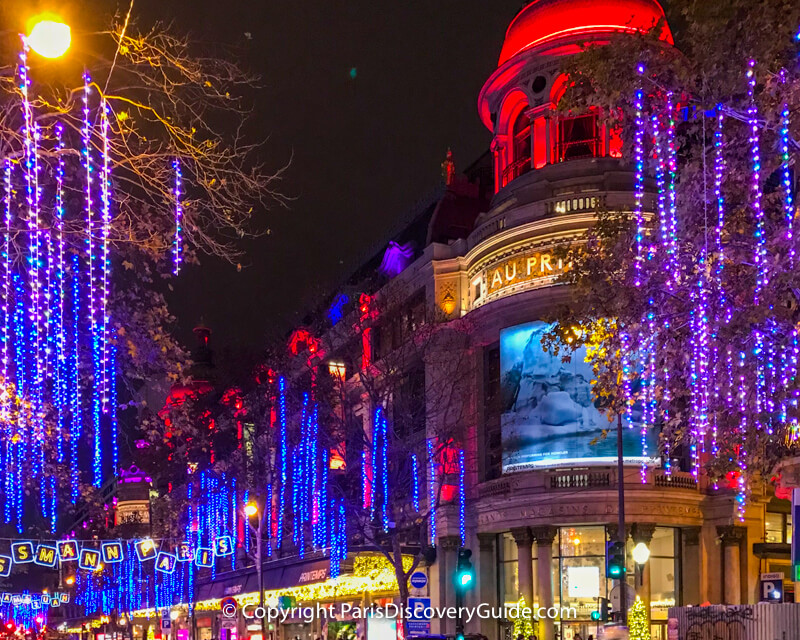 Christmas lights along Boulevard Haussmann near Au Printemps department store